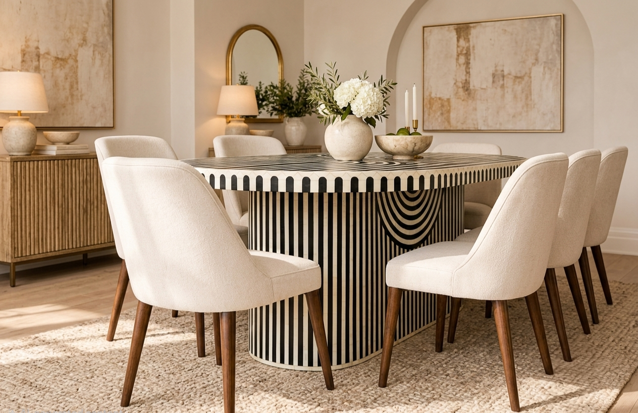 Bone Inlay Black Dining Table – Geometric Pattern Dining Room Table