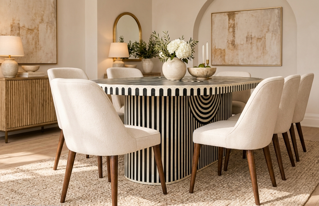 Bone Inlay Black Dining Table – Geometric Pattern Dining Room Table