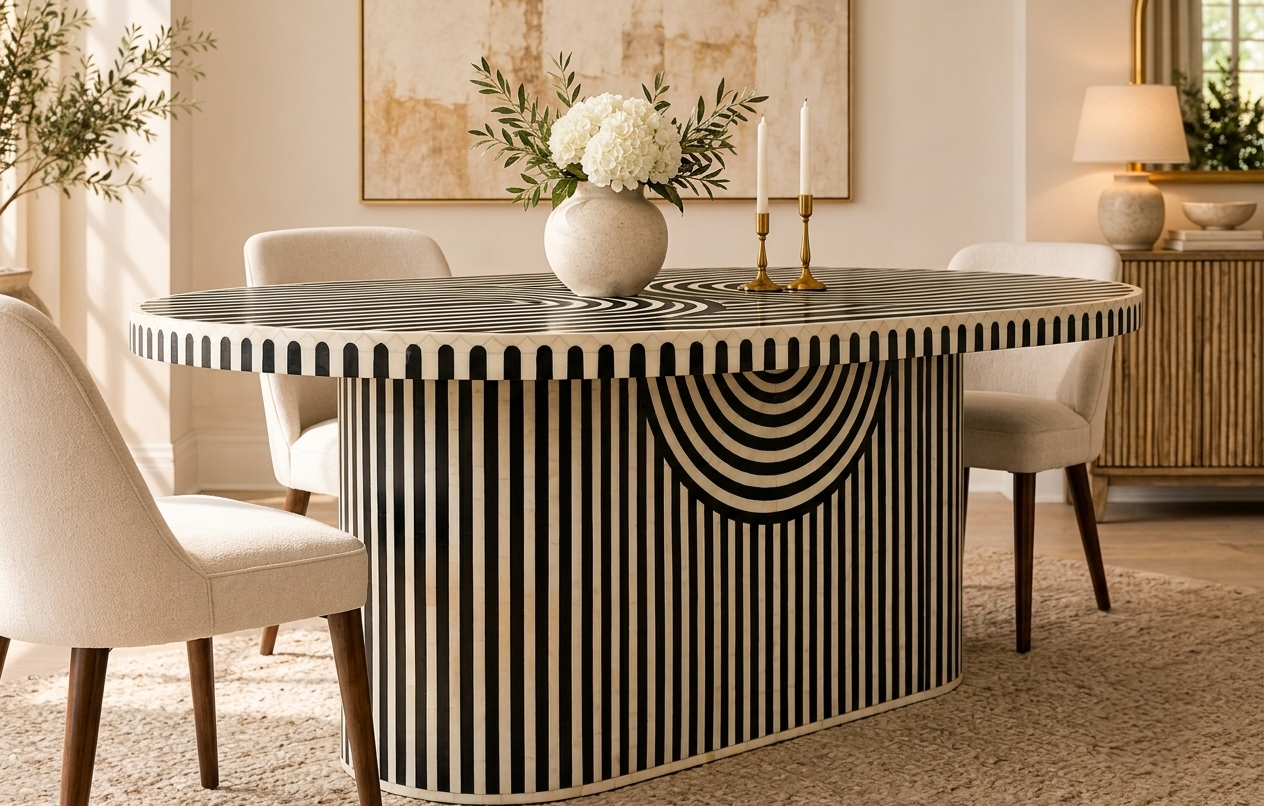 Bone Inlay Black Dining Table – Geometric Pattern Dining Room Table