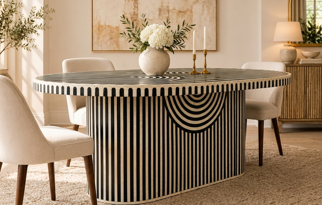 Bone Inlay Black Dining Table – Geometric Pattern Dining Room Table