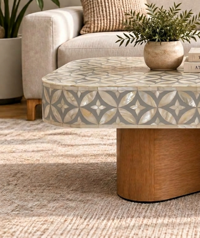 Mother of Pearl Inlay Grey and White Coffee Table with Wooden Base