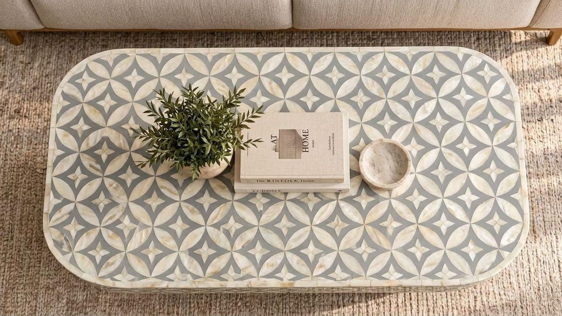 Mother of Pearl Inlay Grey and White Coffee Table with Wooden Base