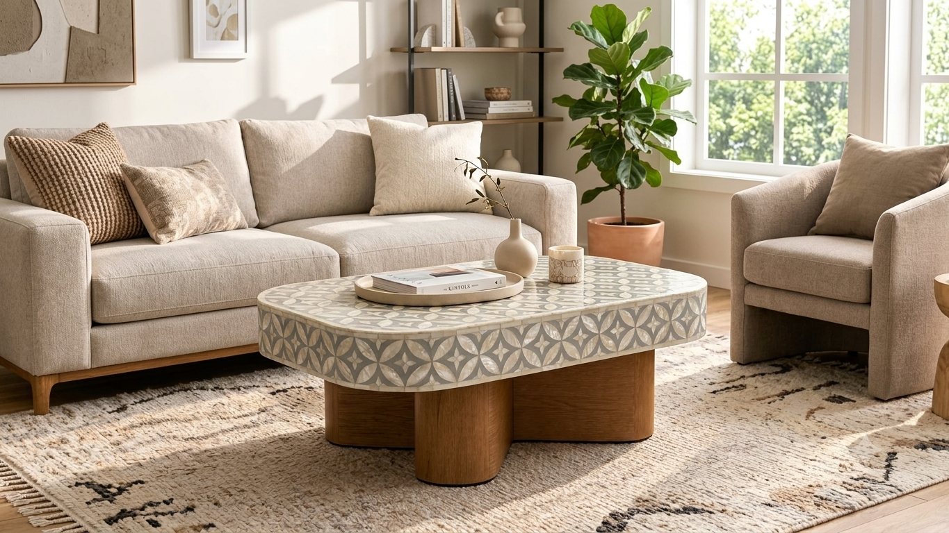 Mother of Pearl Inlay Grey and White Coffee Table with Wooden Base