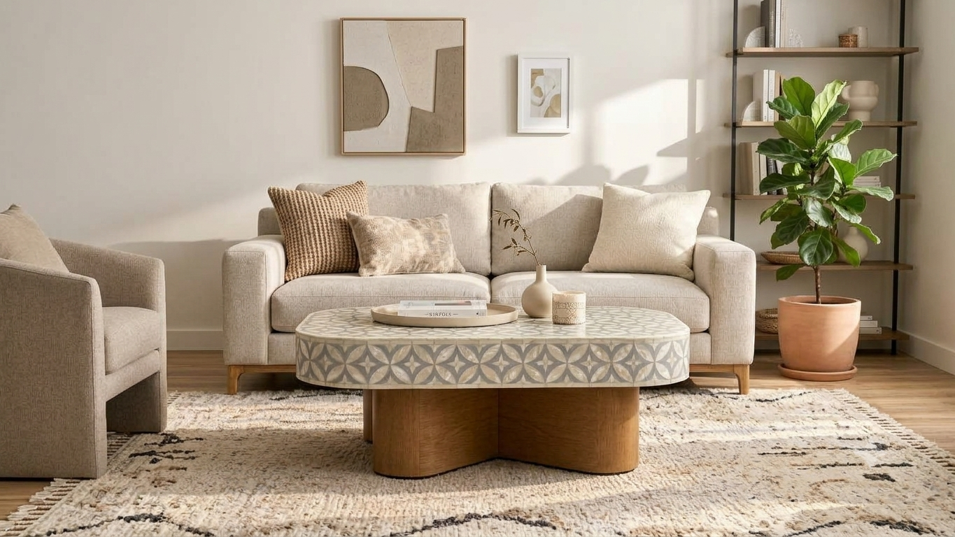 Mother of Pearl Inlay Grey and White Coffee Table with Wooden Base