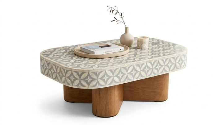 Mother of Pearl Inlay Grey and White Coffee Table with Wooden Base