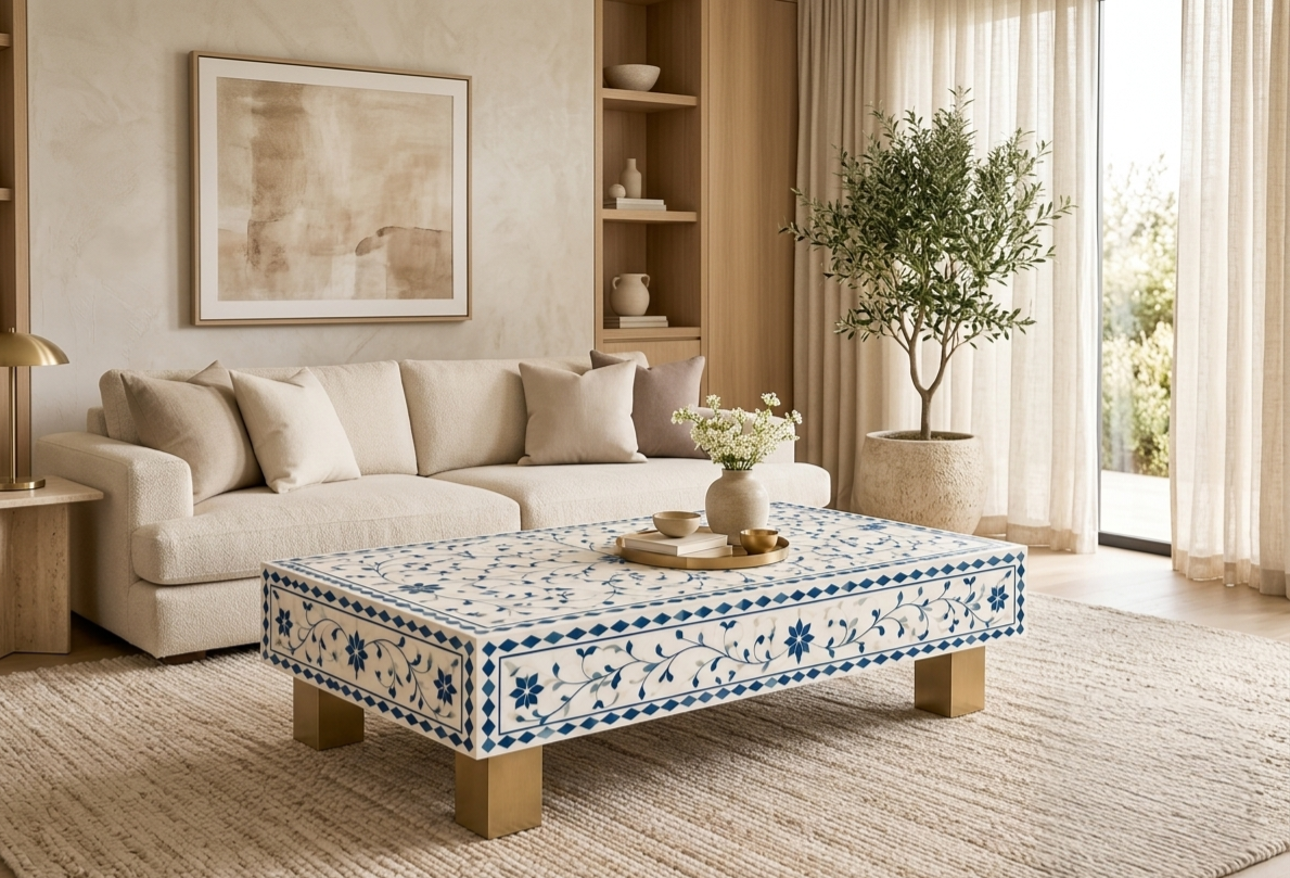 Blue and White Bone Inlay Rectangular Coffee Table with Floral Design and Brass Legs