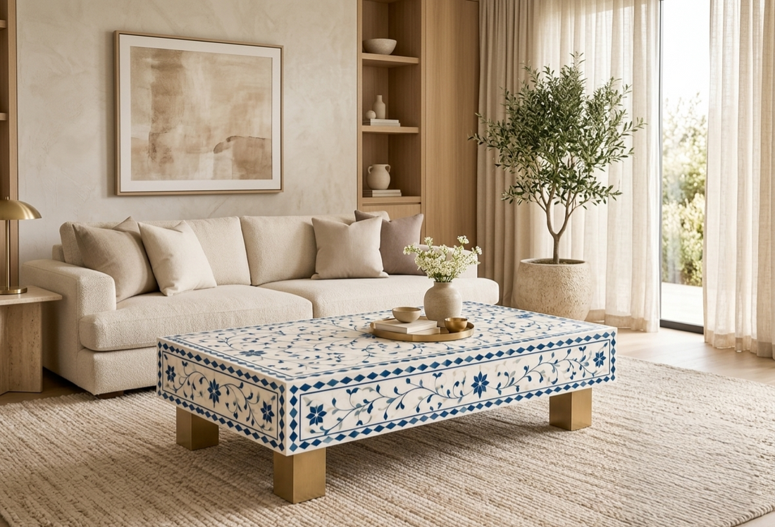 Blue and White Bone Inlay Rectangular Coffee Table with Floral Design and Brass Legs