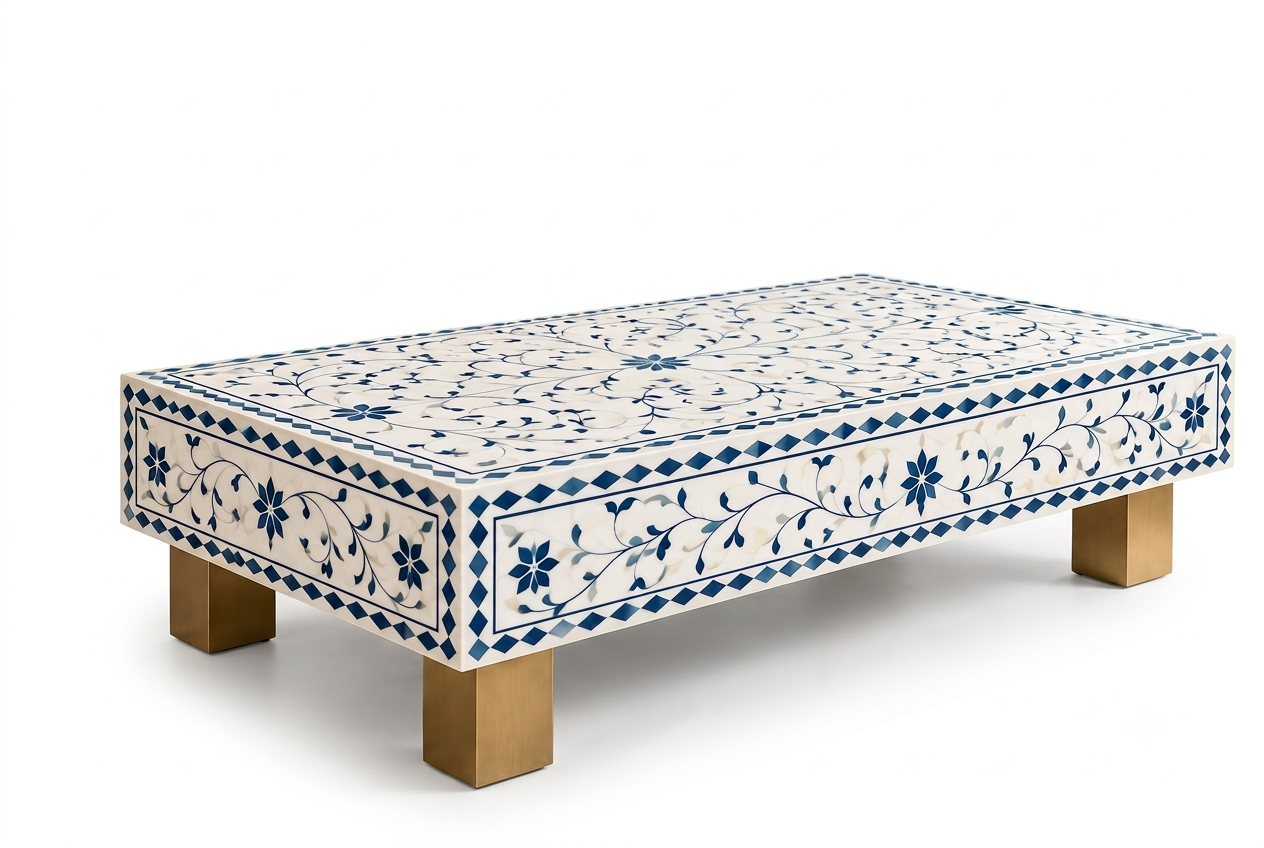 Blue and White Bone Inlay Rectangular Coffee Table with Floral Design and Brass Legs