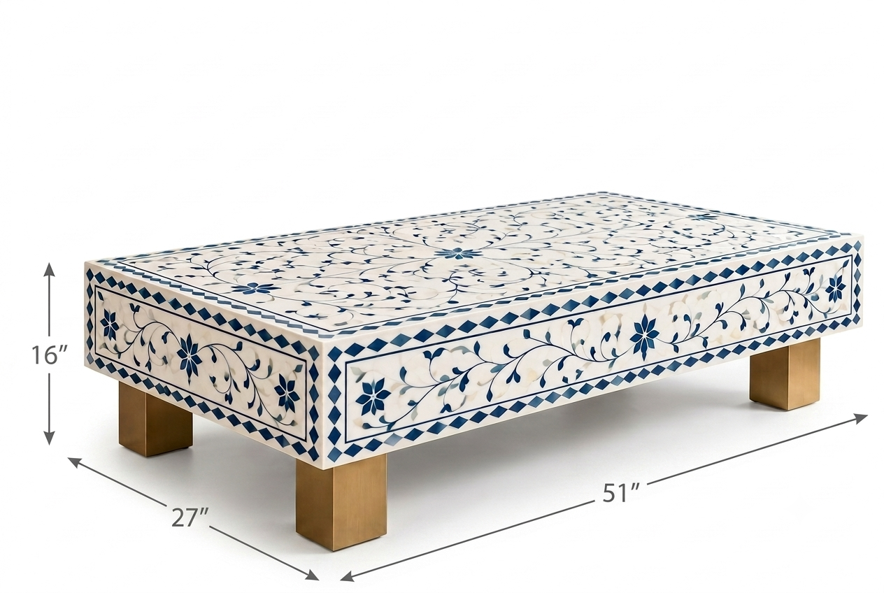 Blue and White Bone Inlay Rectangular Coffee Table with Floral Design and Brass Legs