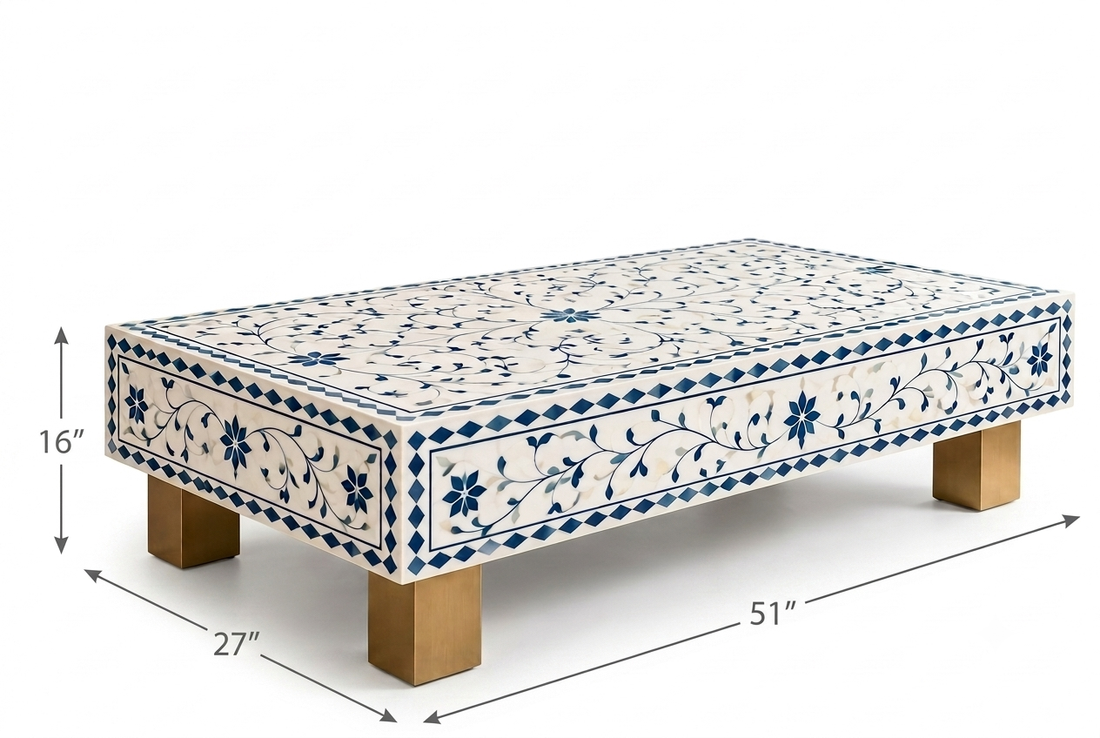 Blue and White Bone Inlay Rectangular Coffee Table with Floral Design and Brass Legs