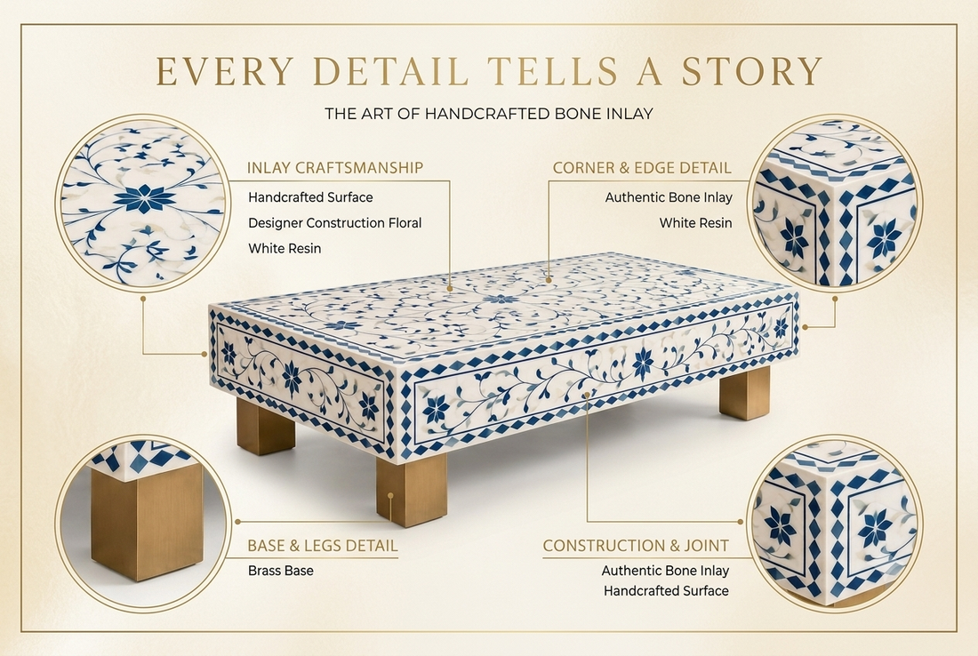 Blue and White Bone Inlay Rectangular Coffee Table with Floral Design and Brass Legs