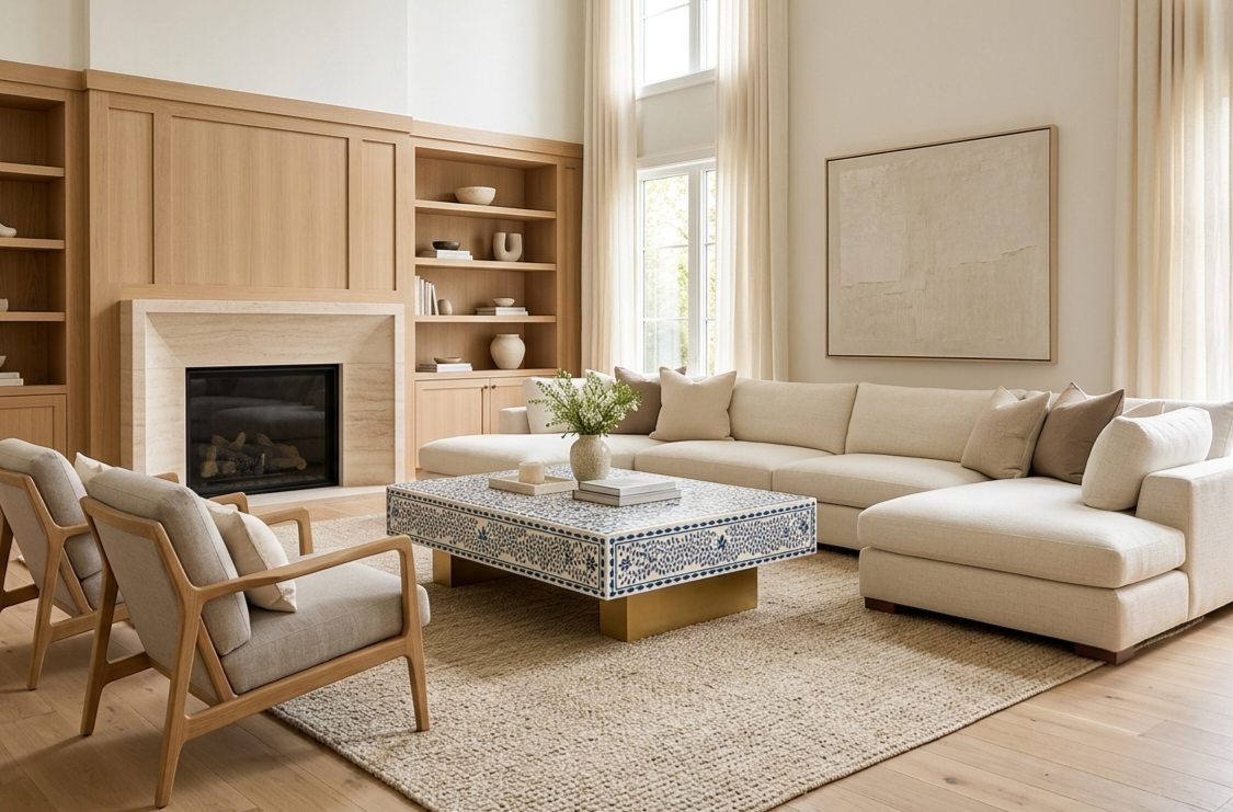 Blue Bone Inlay Rectangular Coffee Table, White Resin Top with Brass Legs