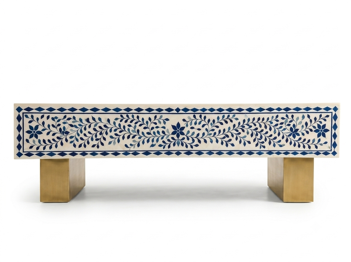 Blue Bone Inlay Rectangular Coffee Table, White Resin Top with Brass Legs