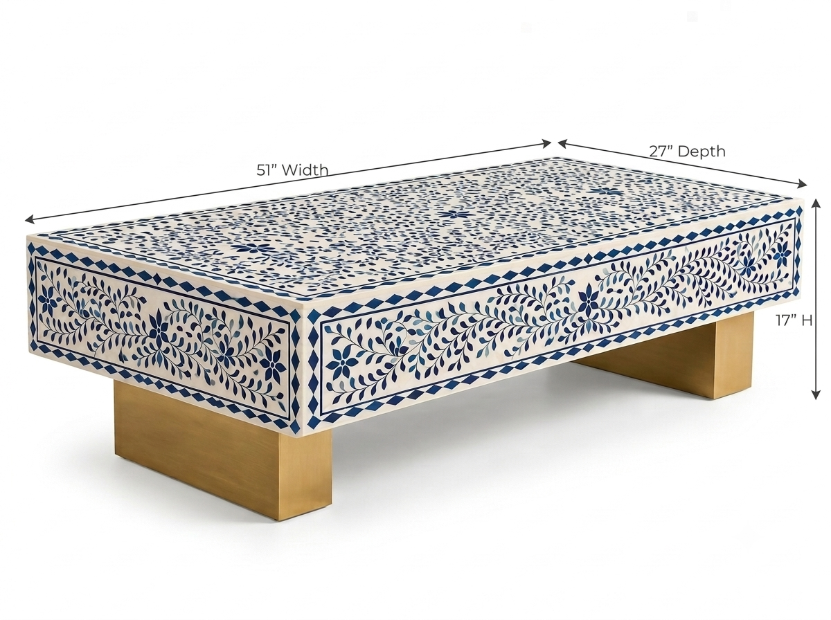 Blue Bone Inlay Rectangular Coffee Table, White Resin Top with Brass Legs