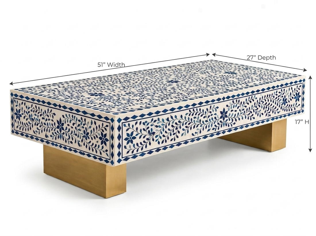 Blue Bone Inlay Rectangular Coffee Table, White Resin Top with Brass Legs