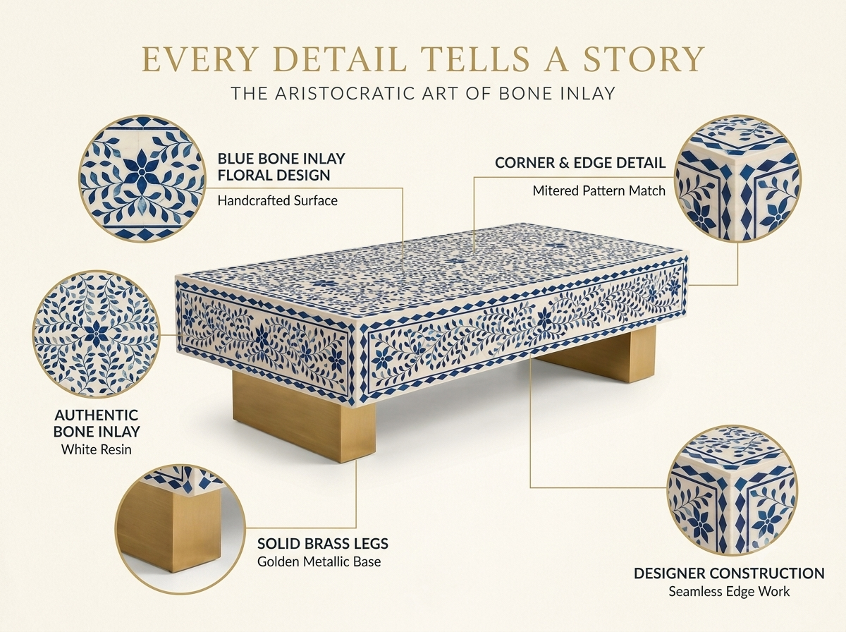 Blue Bone Inlay Rectangular Coffee Table, White Resin Top with Brass Legs