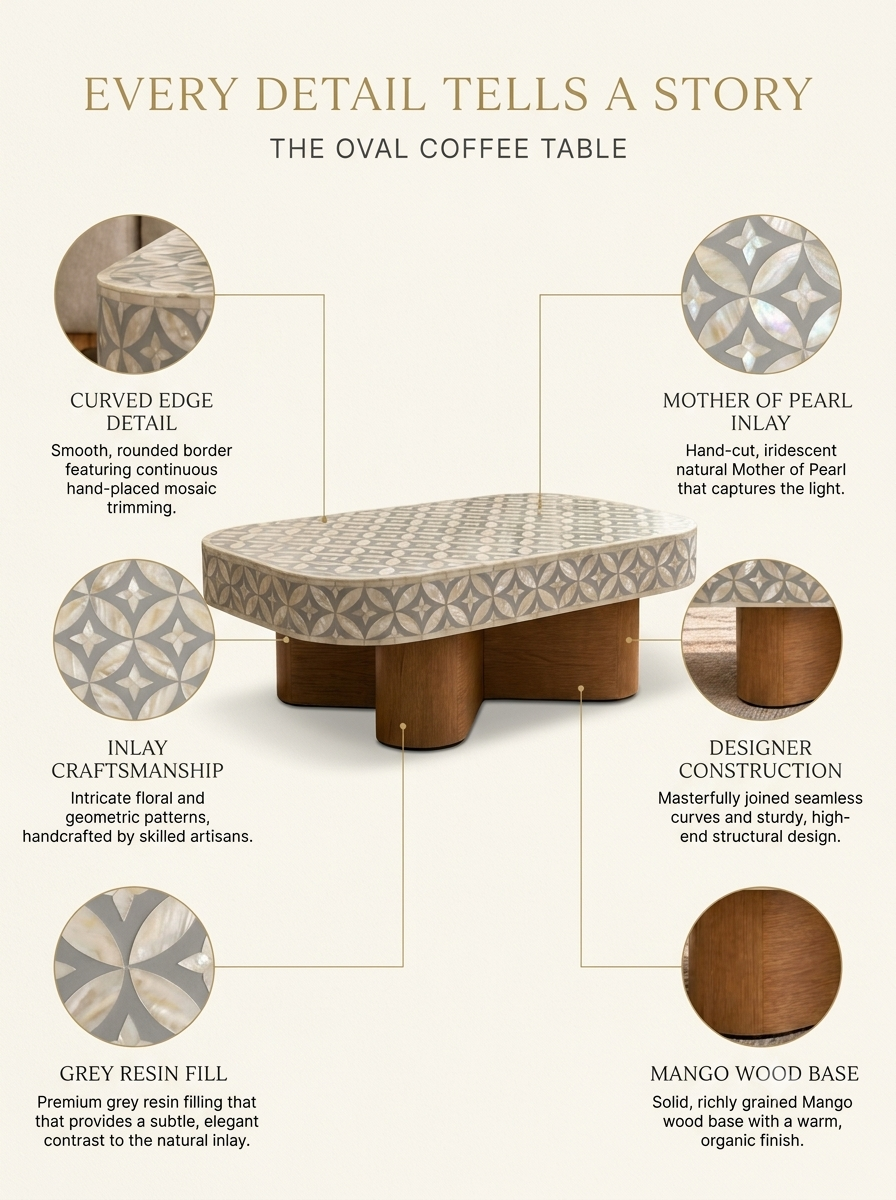 Mother of Pearl Inlay Grey and White Coffee Table with Wooden Base