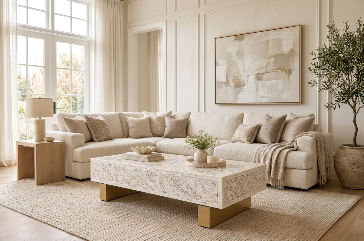 Mother of Pearl Inlay Rectangle Coffee Table – White with Brass Legs