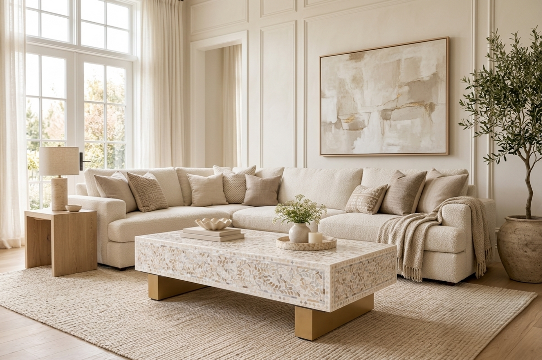 Mother of Pearl Inlay Rectangle Coffee Table – White with Brass Legs