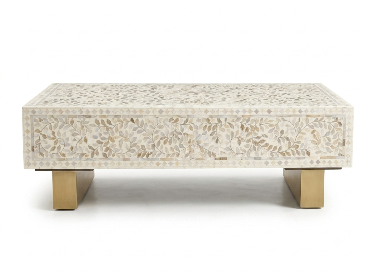 Mother of Pearl Inlay Rectangle Coffee Table – White with Brass Legs