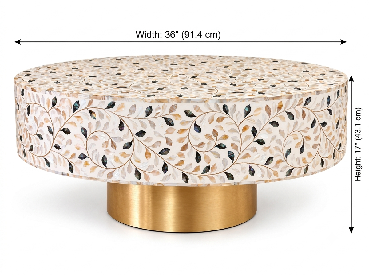 Mother of Pearl Inlay Round Coffee Table – White with Black Accents and Brass Base
