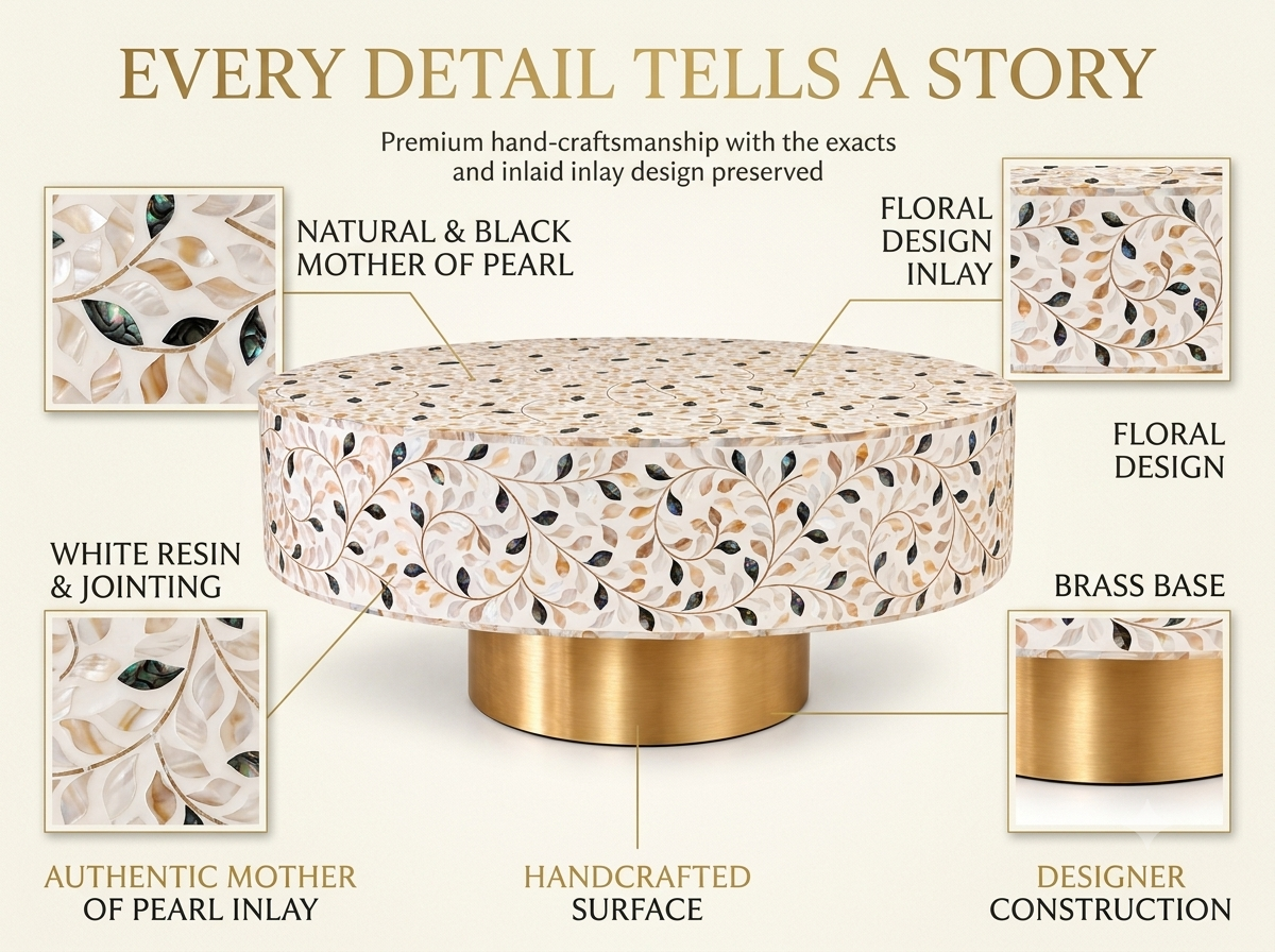 Mother of Pearl Inlay Round Coffee Table – White with Black Accents and Brass Base
