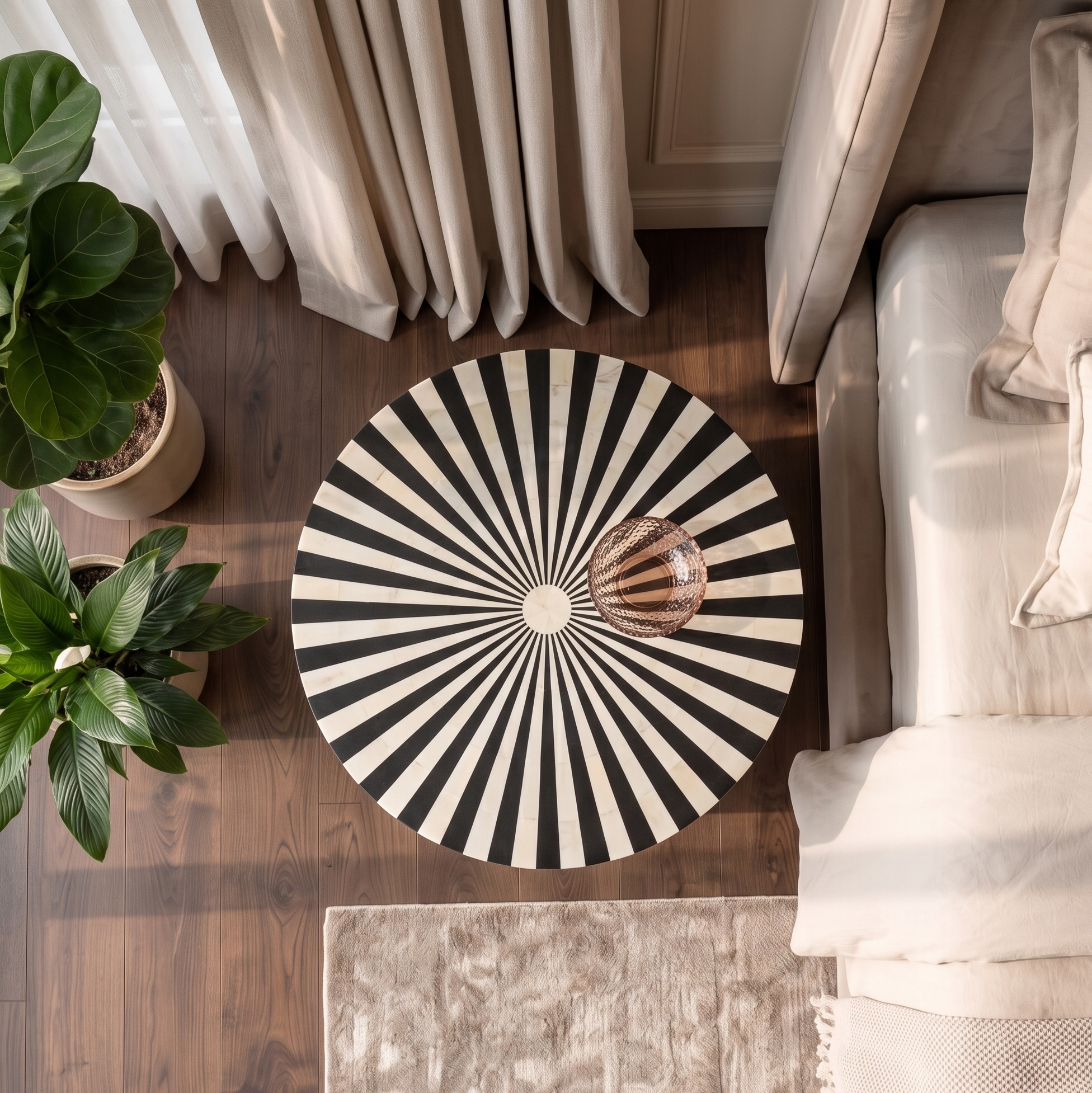 Bone Inlay Round Side Table Black and White Striped Design with Brass Base