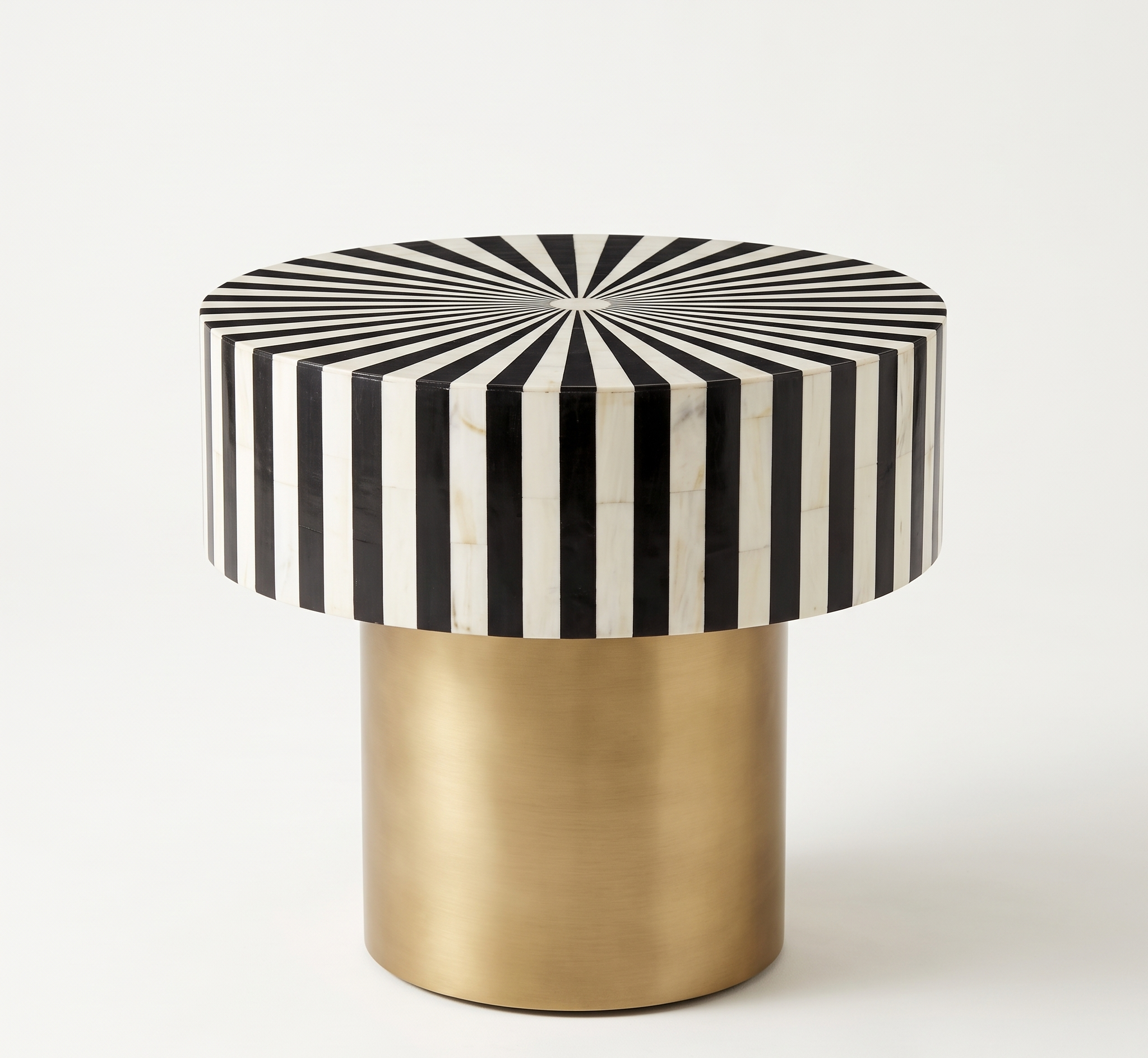 Bone Inlay Round Side Table Black and White Striped Design with Brass Base