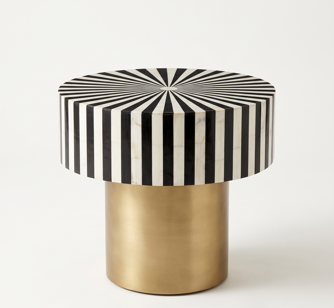 Bone Inlay Round Side Table Black and White Striped Design with Brass Base