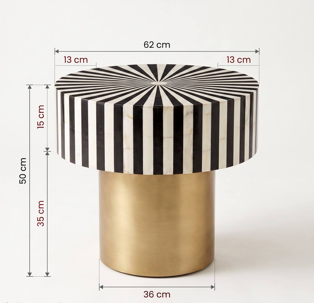 Bone Inlay Round Side Table Black and White Striped Design with Brass Base