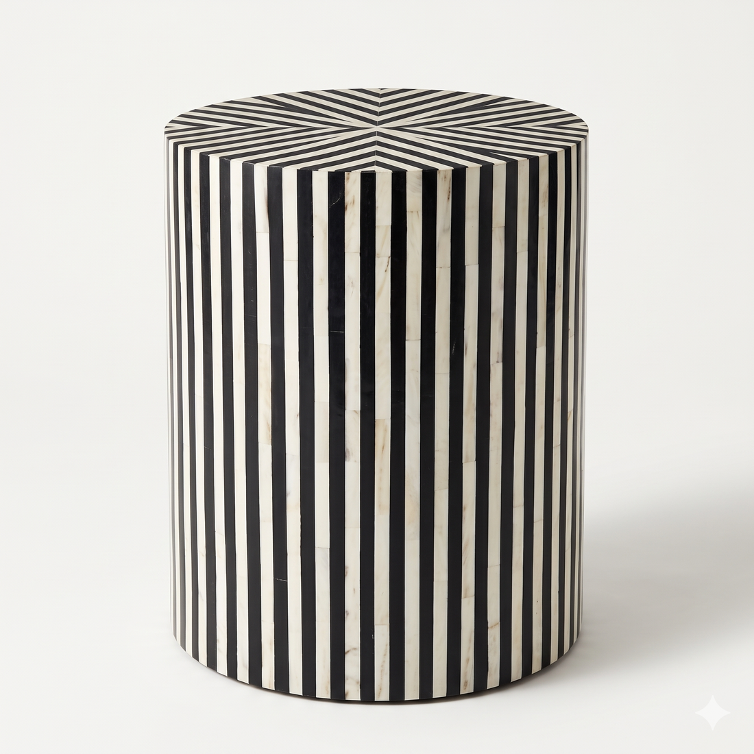 Bone Inlay Round Side Table Black and White Striped Design