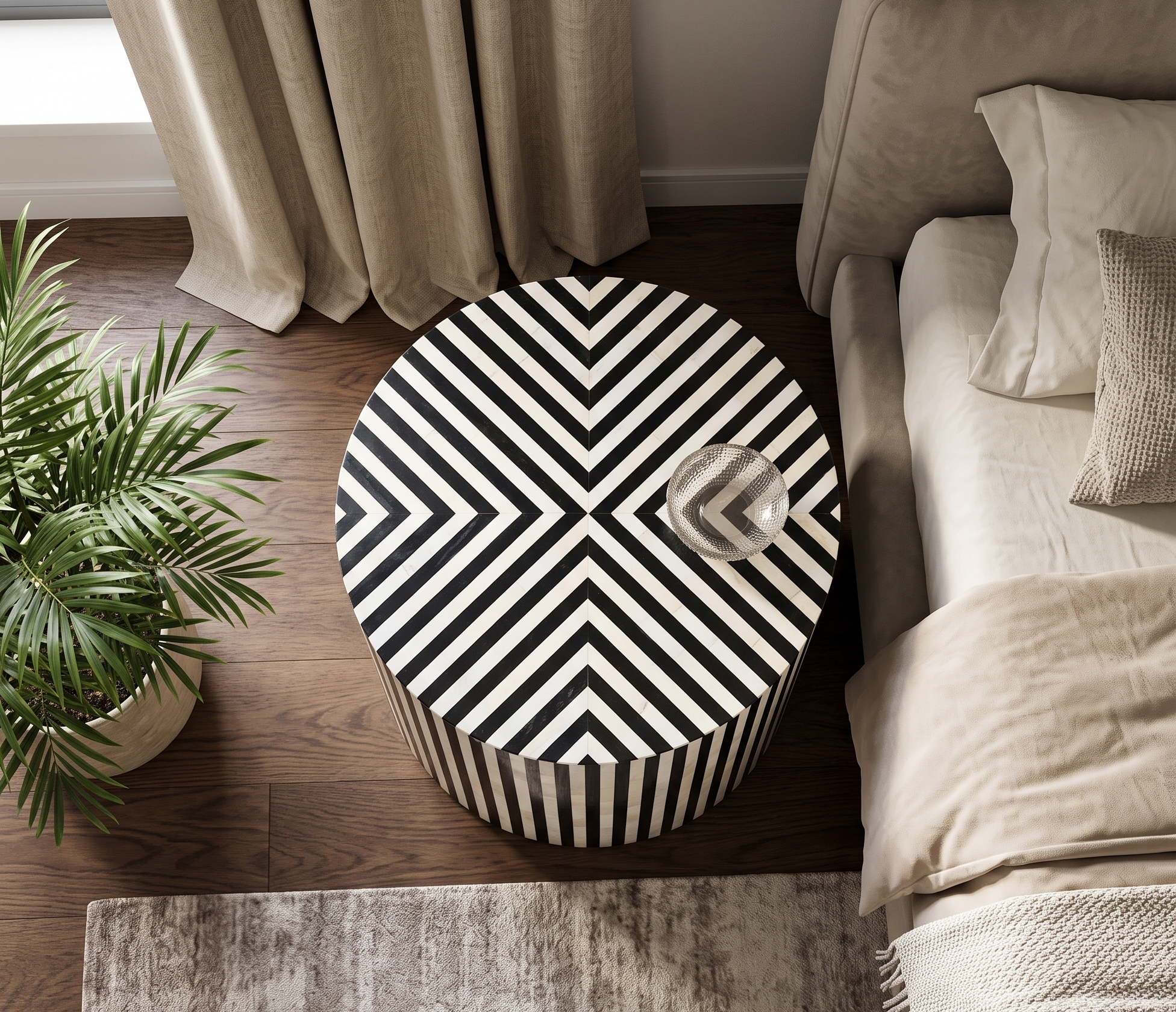 Bone Inlay Round Side Table Black and White Striped Design
