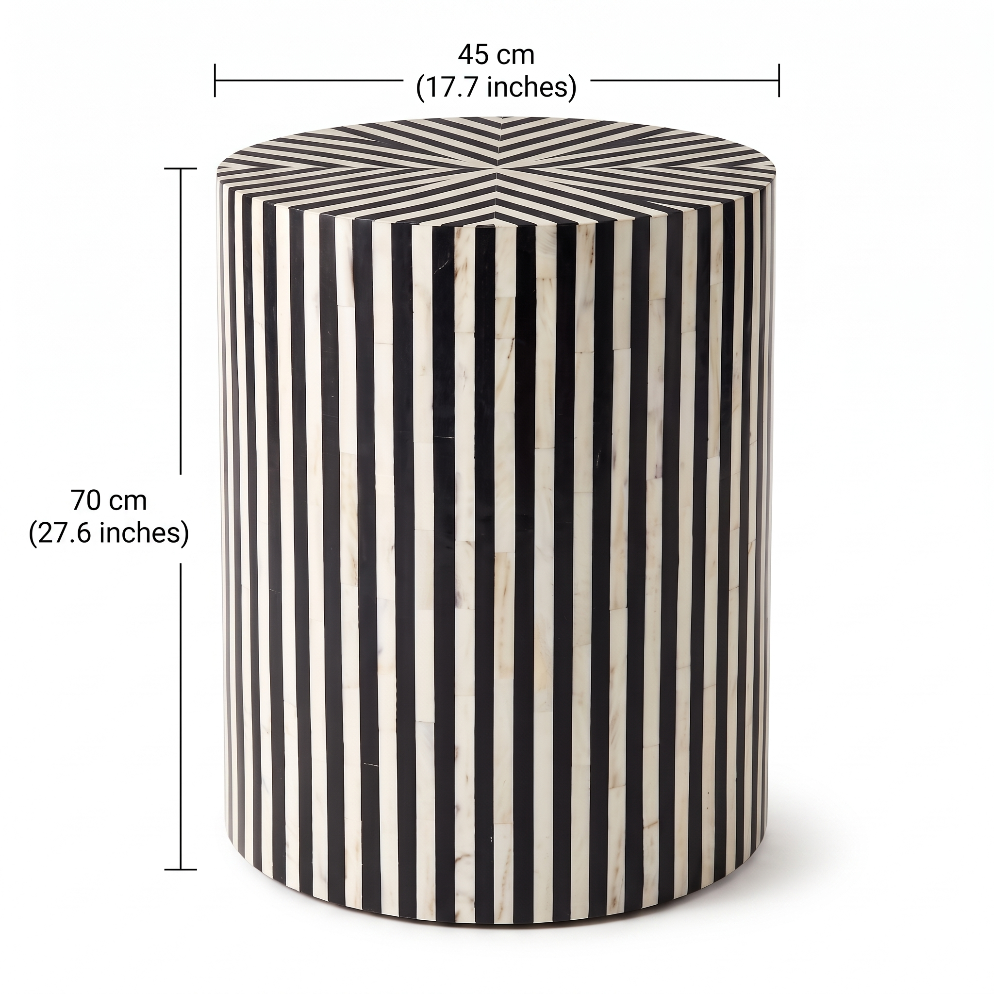 Bone Inlay Round Side Table Black and White Striped Design