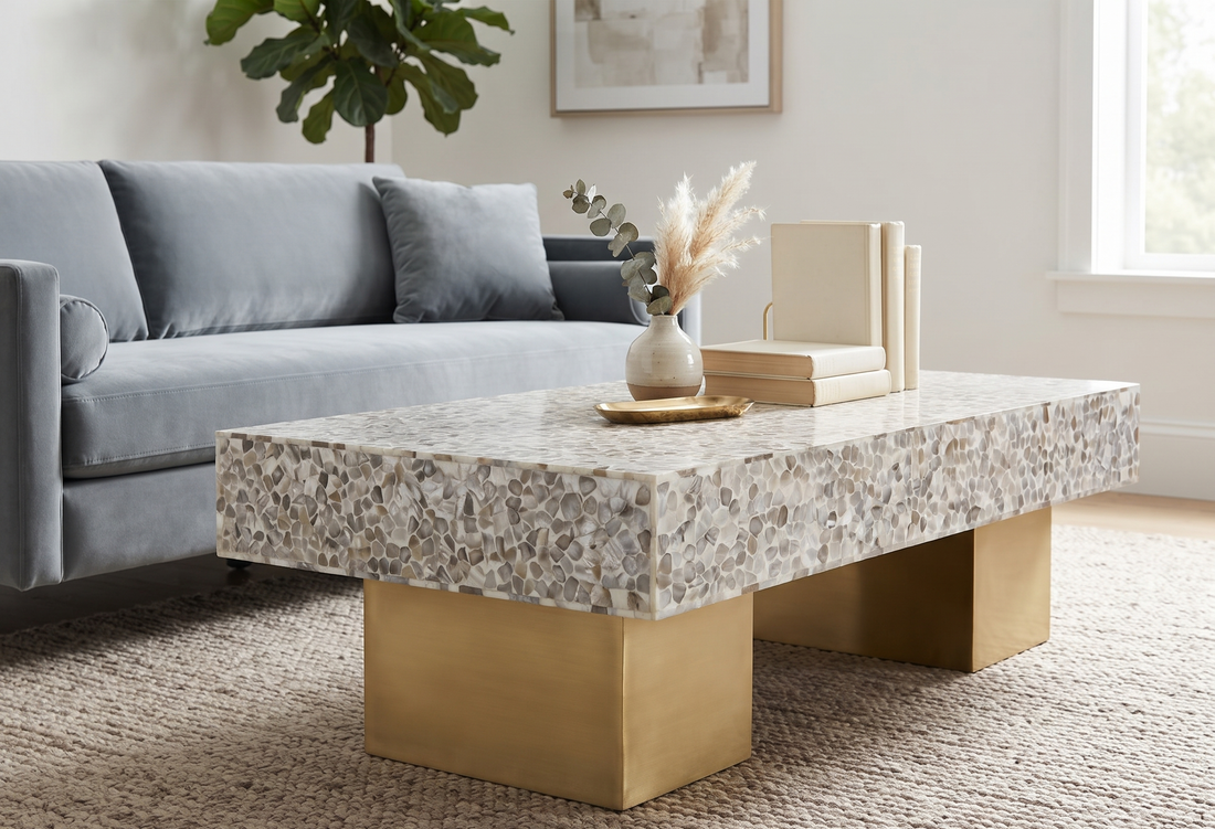 Mother of Pearl Inlay Rectangular Coffee Table with Brass Legs