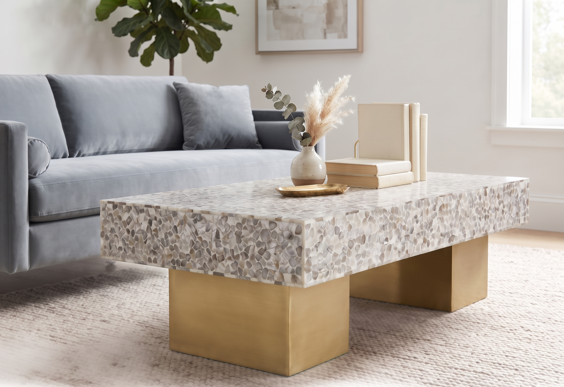 Mother of Pearl Inlay Rectangular Coffee Table with Brass Legs