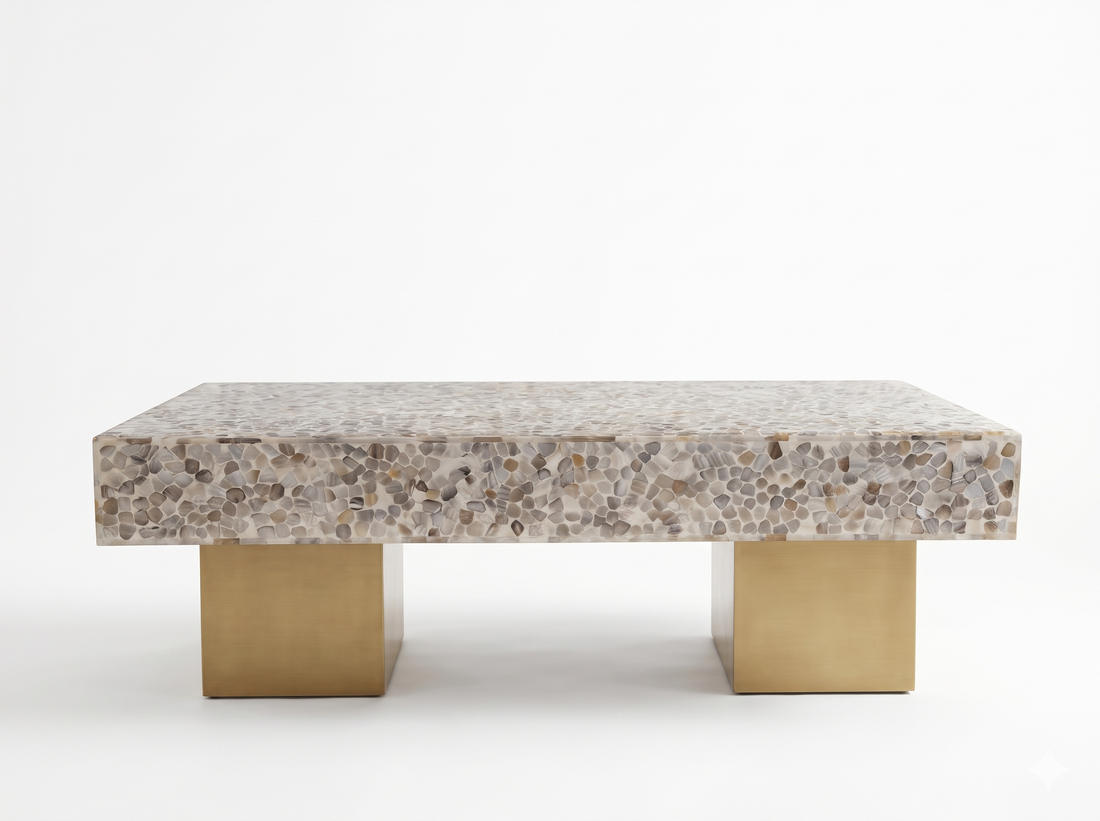 Mother of Pearl Inlay Rectangular Coffee Table with Brass Legs