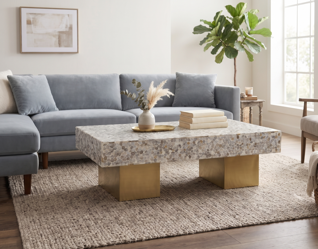 Mother of Pearl Inlay Rectangular Coffee Table with Brass Legs