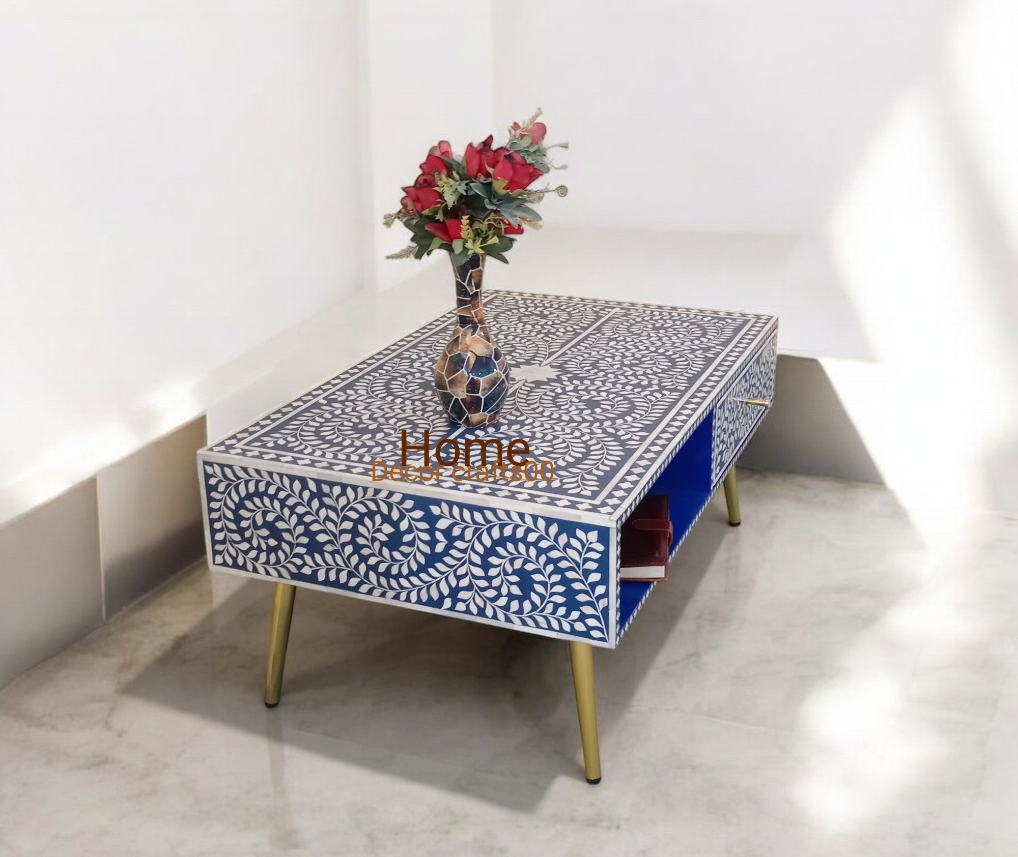 New Indian handmade bone inlay 1 drawer coffee table  bone inlay furniture table