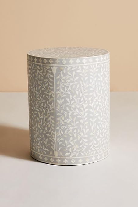 Handmade Bone Inlay Foliage Spiral Side Table – Elegant Grey Accent Table for Living Room & Bedroom – Handcrafted Decorative Furniture