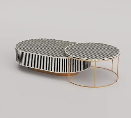handmade bone inlay Nesting oval coffee table, bone inlay table, bone inlay furniture, ( black & white )