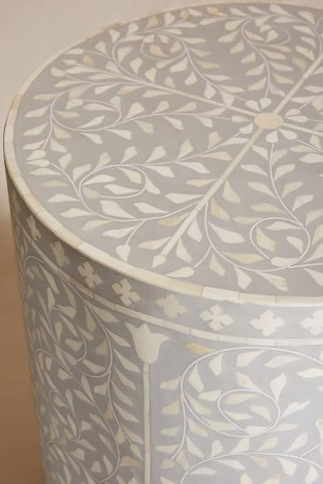 Handmade Bone Inlay Foliage Spiral Side Table – Elegant Grey Accent Table for Living Room & Bedroom – Handcrafted Decorative Furniture
