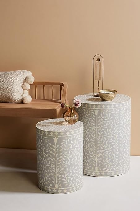 Handmade Bone Inlay Foliage Spiral Side Table – Elegant Grey Accent Table for Living Room & Bedroom – Handcrafted Decorative Furniture