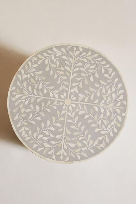 Handmade Bone Inlay Foliage Spiral Side Table – Elegant Grey Accent Table for Living Room & Bedroom – Handcrafted Decorative Furniture