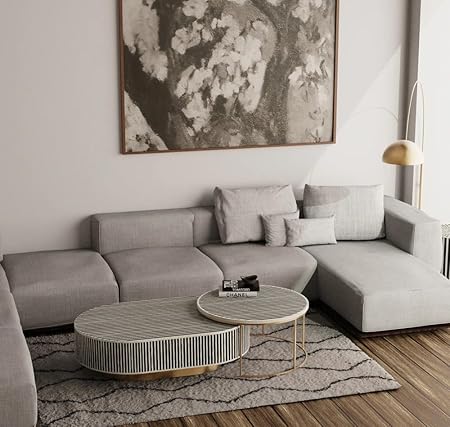 handmade bone inlay Nesting oval coffee table, bone inlay table, bone inlay furniture, ( black & white )