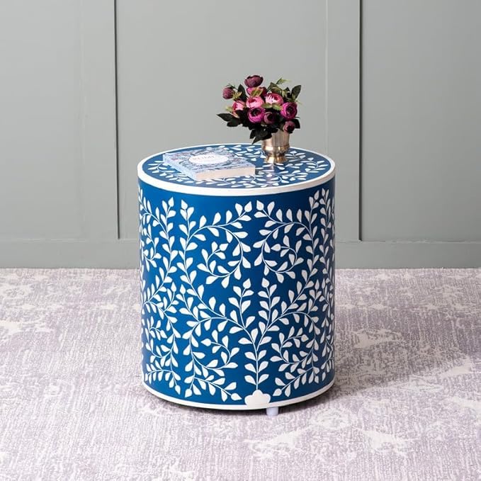 Elegant Bone Inlay Side Table/Ottoman| Ottoman Stool for Living Room | Pouffes for Sitting Printed Ottoman (Elegant Bone Inlay Side Table)