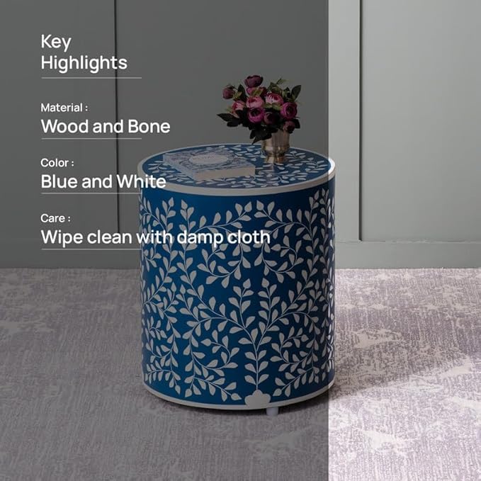 Elegant Bone Inlay Side Table/Ottoman| Ottoman Stool for Living Room | Pouffes for Sitting Printed Ottoman (Elegant Bone Inlay Side Table)