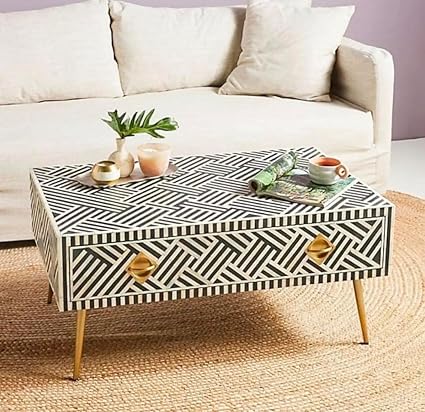 Home Handmade Bone Inlay 1 Drawer Coffee Table, Bone Inlay Furniture - Geo,i