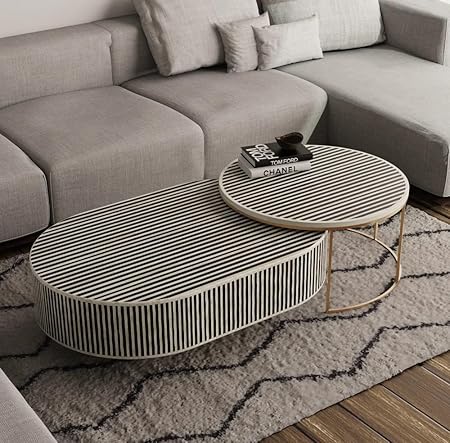 handmade bone inlay Nesting oval coffee table, bone inlay table, bone inlay furniture, ( black & white )