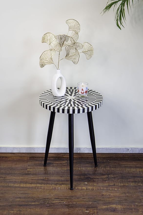 HummingCrafts Bone Inlay Round Side Table | Natural Materials | Compact and Versatile | Perfect for Living Room or Bedroom | Sturdy Wooden Base | Elegant and Stylish Finish
