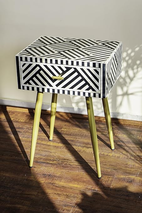 HummingCrafts Bone Inlay Bedside Table | Natural Materials | Floral Inlay Design | Compact Storage Solution | Functional Accent Furniture | Sturdy Wooden Frame | Stylish and Timeless Finish